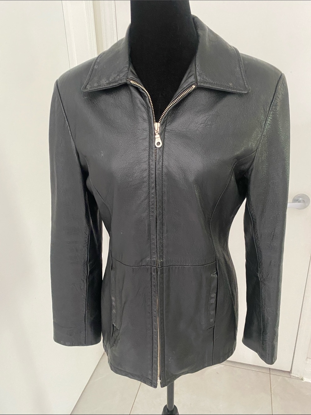 Buffalo David Bitton Fitted Black Leather Zip-Front Women's Jacket Size Medium